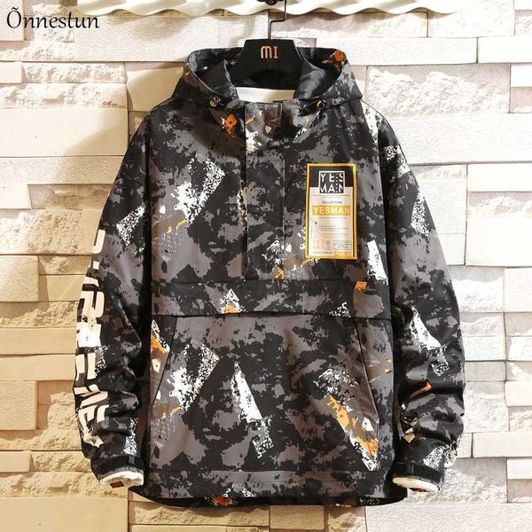 

onnestun camouflage men jacket with hooded autumn casual streetwear men clothing korean style plus size zipper men's jacket, Black;brown