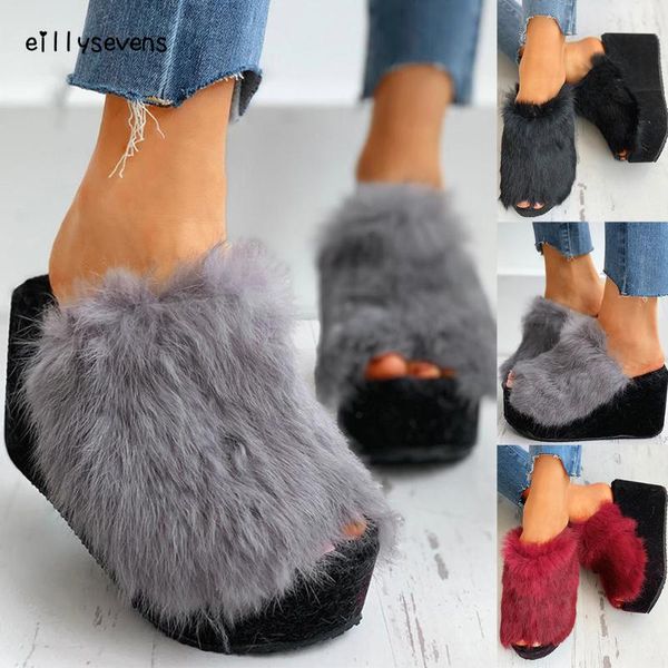 

sandals with fur women's solid color peep toe platforms shoes ladies casual wedges chaussure compense femme ete#, Black