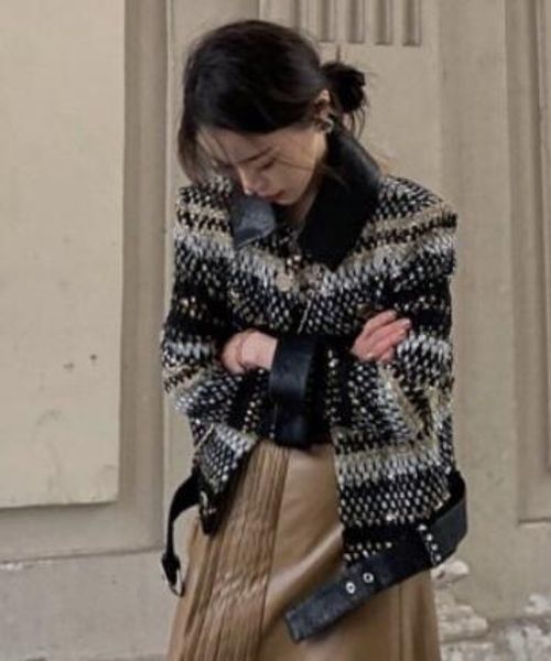 

coat women's coats 2020 new autumn winter houndstooth tweed wool long windbreaker cardigan female, Black;brown