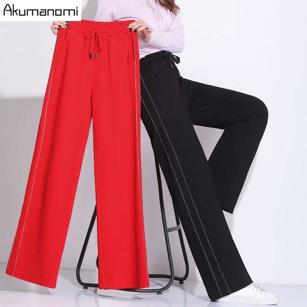 

2020 ladies winter autumn black red wide leg full pants plus size 4xl elastic waist pocket trousers side stripe women's pants, Black;white