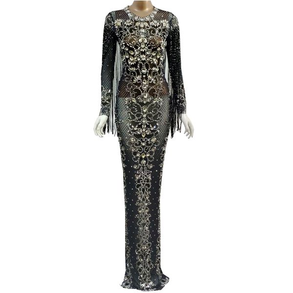 

black mesh see through sparkly crystals long dress evening party rhinestones dresses birthday tassel stage costume fringes dress, Black;gray