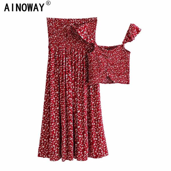 

vintage chic women two piece outfits strap sleeveless bohemian elestic waist skirts 2 pieces rayon cotton boho sets, White