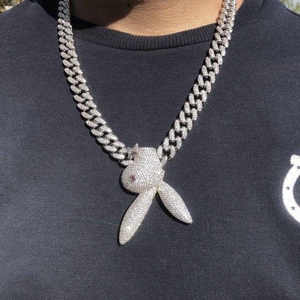 

Mens Jewelry Iced Out Upside Down Bunny Cuban Chain Necklace 18K White Gold Plated Mens Hip Hop Jewelry Gift