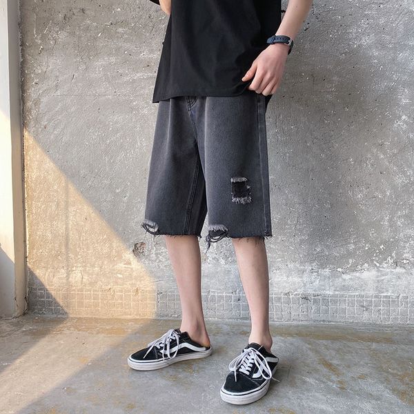

summer hole denim shorts men's fashion washed retro ripped short jeans men streetwear wild loose casual straight jeans -2xl, Blue