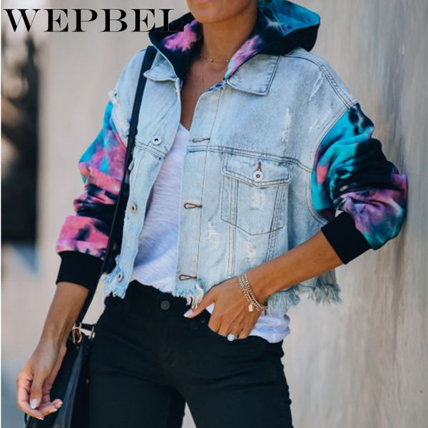 

wepbel casual long sleeve tie dye print boyfriend style coat with pockets plus size women new fashion holes denim short jacket, Black;brown