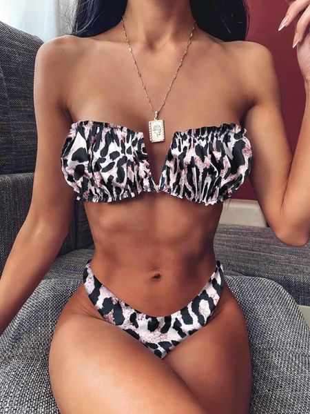 

v-neck ruffle bikini set 2020 leopard print swimsuit female summer swimwear brazilian biquini strapless bathing suit