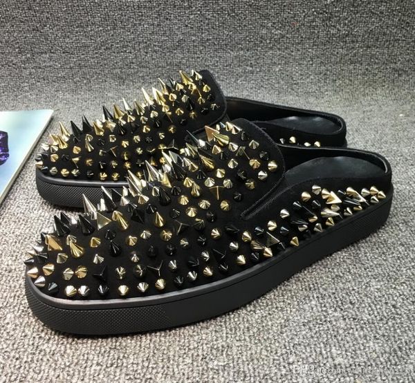 

designer red bottom slippers sneaker mens black genuine leather with spikes summer flip flops, luxury sandals comfortable beach shoes cs04
