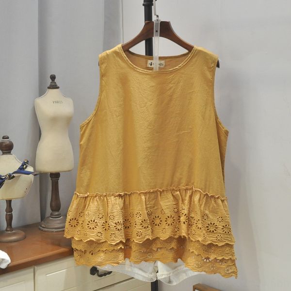 

literary style fashion 19 summer new simple solid color stitching multi-layer lace all-match 4485 lace vest vest vest, Black;white