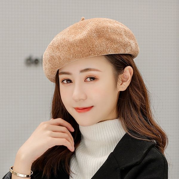 

women's season warm beret beret solid color fashion chenille all-match pumpkin warm hat korean style artist hat, Blue;gray