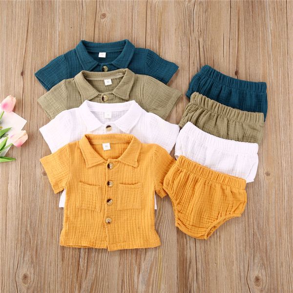 

baby summer clothes 2pcs outfit set solid color pleated button-down folded collar short sleeve shirt triangle elastic shorts, White