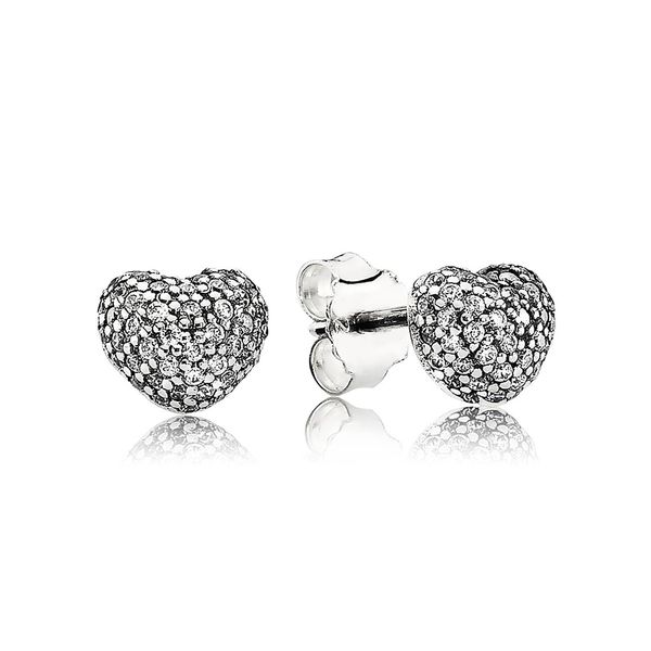 

authentic 925 sterling silver in my heart stud earrings women luxury fashion designer clear cz stones pave heart earrings with pandora box, Golden;silver
