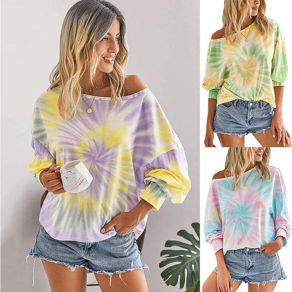 

harajuku women t-shirt fashion tie-dye print casual t shirt autumn gradient slash neck long sleeve loose ladies oversize, Black;gray