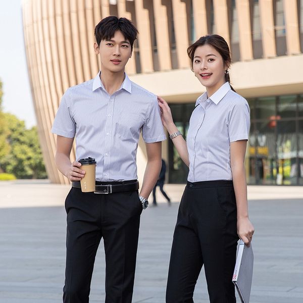 

s7ue3 men's and women's s embroidered professional work clothes embroidered shirt blackshirt blue striped workwear short sleeve wa, White