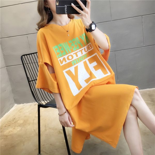 

kgua3 6535 cotton korean style large size loose summer short-sleeved skirt t-shirt long skirt t-shirt for female students new printed over-t, Black