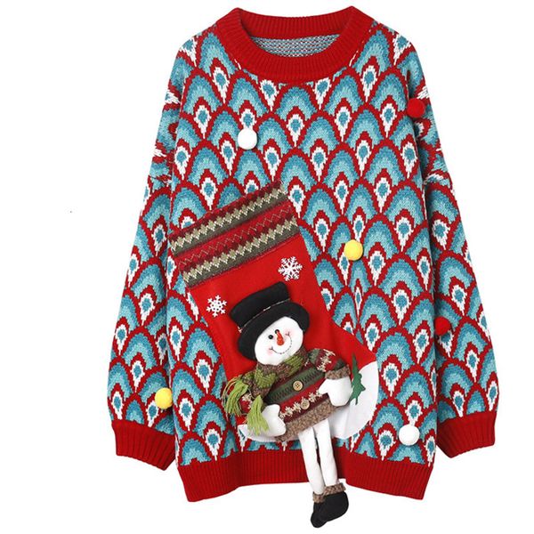 

qing mo red blue women christmas sweater 2020 women snowmen sweater female full sleeve knitted peacock zqy2626, White;black