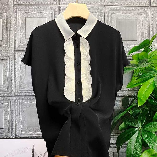 

careful machine beautiful yes ~ contrast color petal led 32731 silk blouse, White