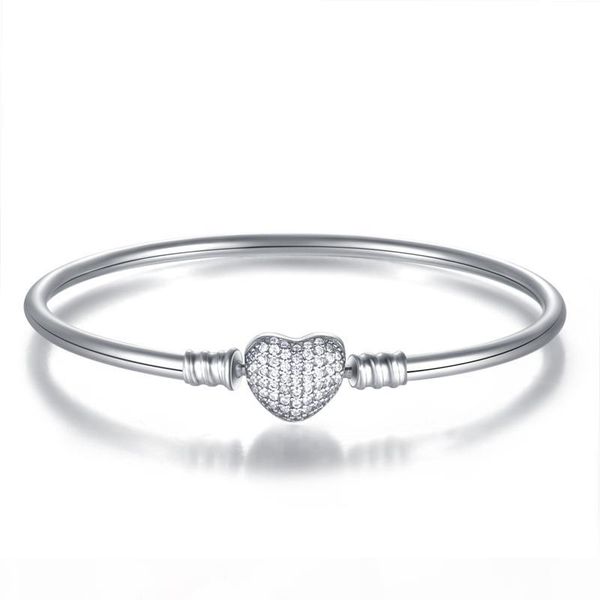 

new authentic 925 sterling silver pave love heart crystal clasp clip basic bracelet bangle fit women diy pan beads charm jewelry, Black