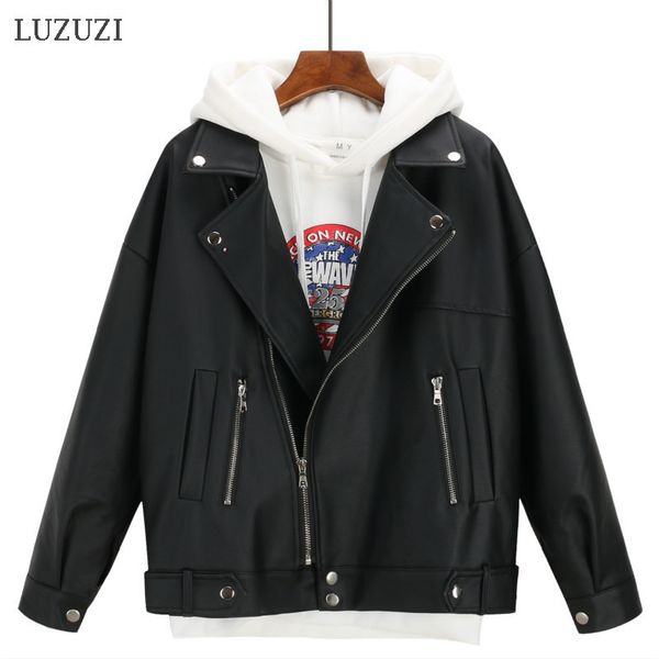 

luzuzi autumn winter bomber women's jacket oversized boyfriend korean style leather jacket female 2020 faux coat outwear black
