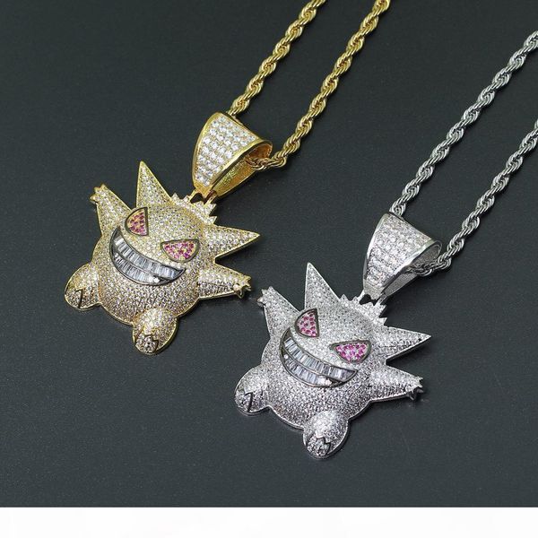 

full rhinestone gengar pendant necklace creative hip hop bling bling ice out jewelry with 24 inch chain for men gift, Silver