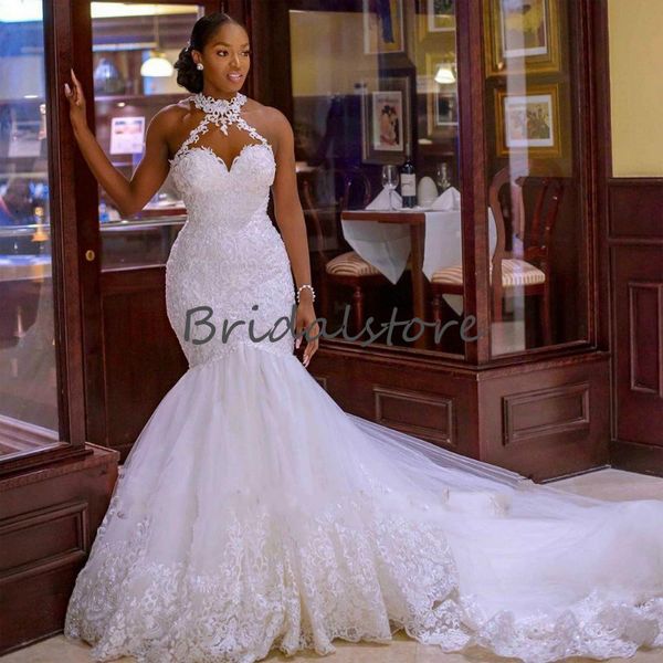 Abito da sposa sexy a sirena africana Aso Ebi Chiesa Abiti da sposa country Nigeria Applicazioni in pizzo Boho Abiti da sposa Cattedrale di treno Castello abiti da sposa 2022