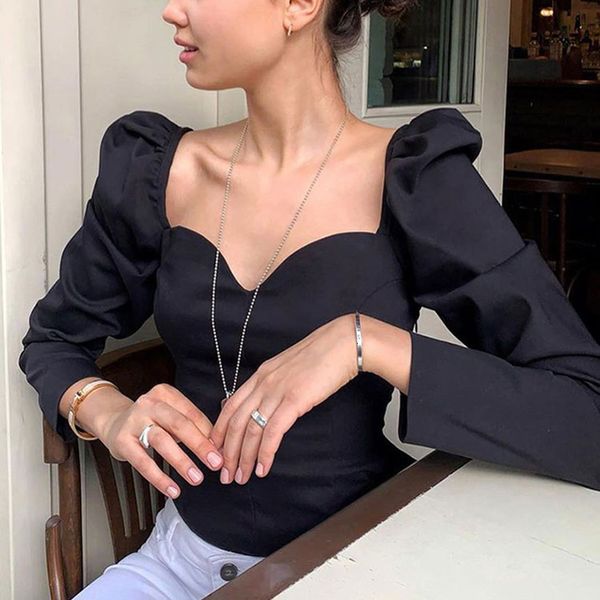 

2020 new fashion women t shirt polyester women autumn puff sleeve v neck loose woman tshirt lolita style for ladies, White