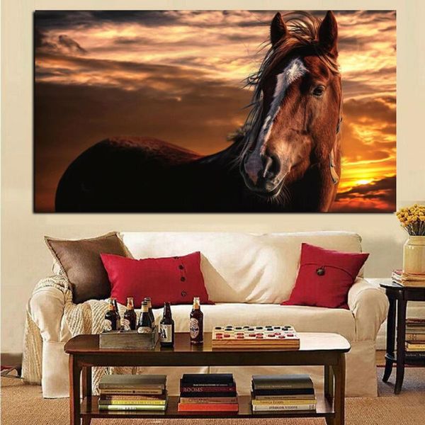 

браун лошадь на положение лица закат пейзаж животные wall art pictures роспись стены искусства для гостиной home decor (без рамки