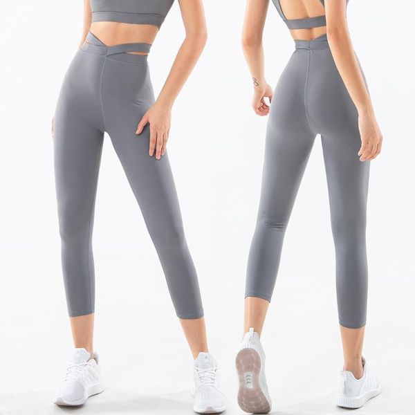 

ec.ms sport leggings cross waist yoga pants female quick dry pull on elastic trousers gym tennis running cropped tights, White;red