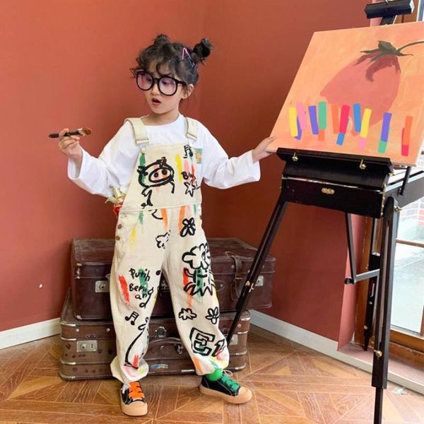

fahion print denim jumpsuit spring autumn new loose overalls girls graffiti pants children casual jumpsuit 4-14y ws1427, Blue