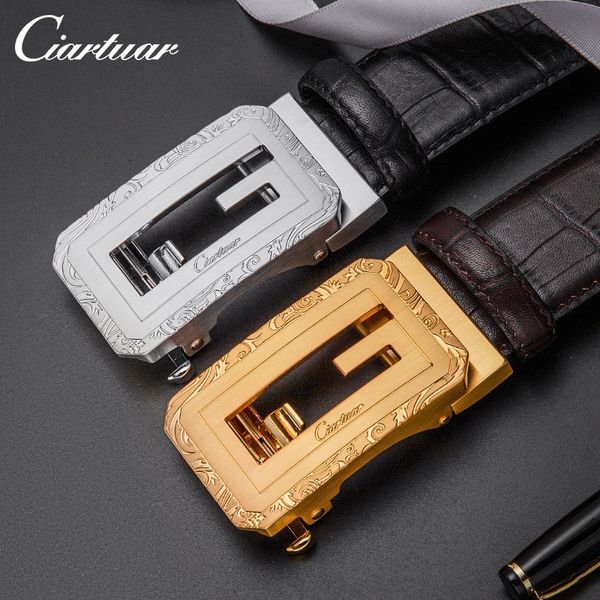 

ciartuar men's automatic buckle carved dress layer pure cowhide dress belt vegetable tanning leather belt, Black;brown