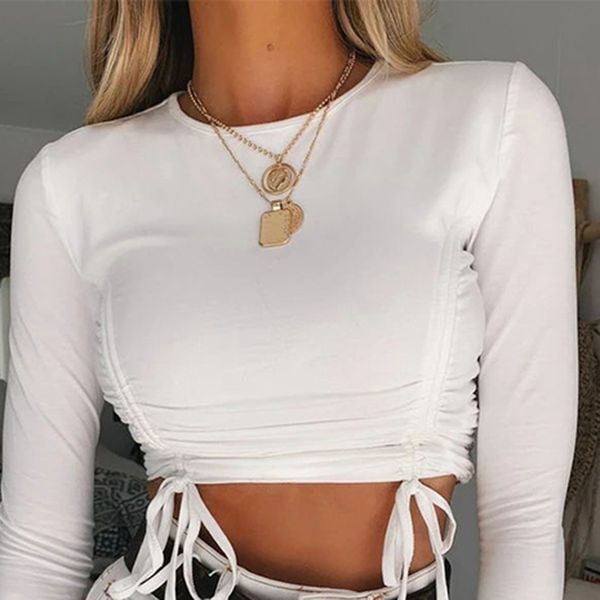 

белого crop tops женщина бинты тонкий tank tops узелок обрезанной осень зима кулиска рубашка party club tee streetwear, White