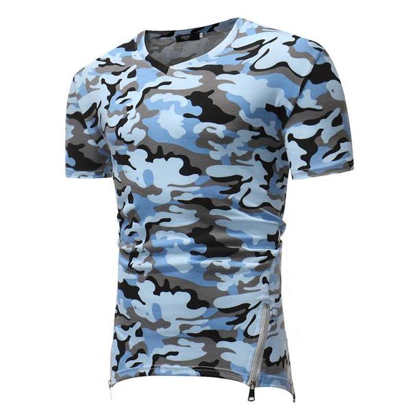 

2020 men's new casual short sleeve t-shirt side zipper hem design camo pattern slim v-neck elastic fabric t-shirt men large size, White;black