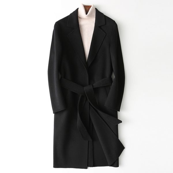 

men's wool & blends men belt paragraph dust coat grows hand double-sided qiu dong's has no cashmere, Black