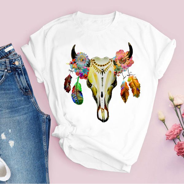 

women printing graphic heifer skull feather 90s vintage cartoon print lady tees clothing female t shirt womens t-shirt, White