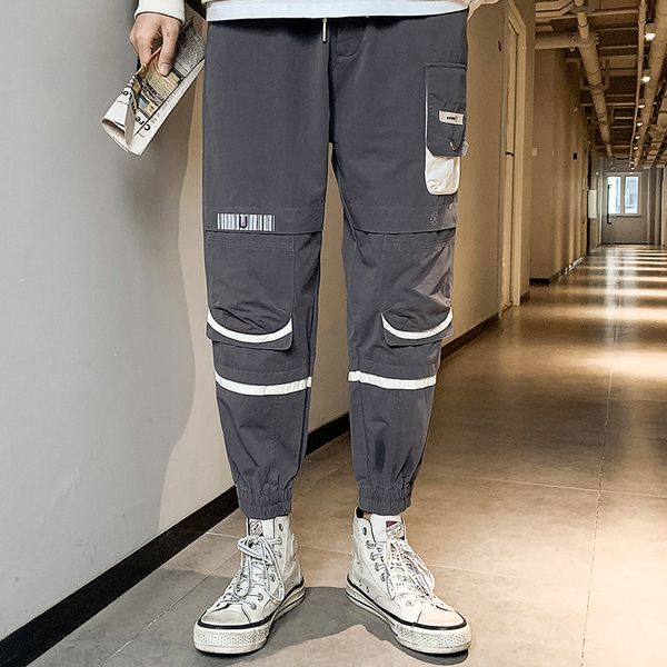 

men joggers pants streetwear men summer hip hop pants 2020 fashion mens elastic waist pant ribbons cotton casual beam feet, Black
