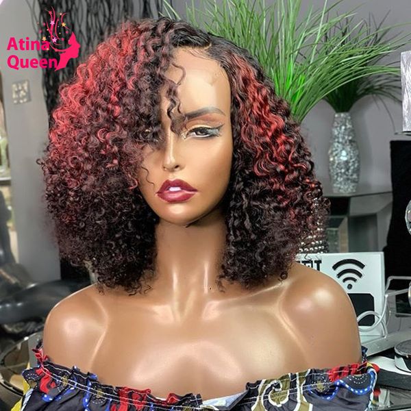 

13x6 Transparent Pixie Cut Bob Short Wig Omber Highlight 99J Burgundy Lace Front Wig Preplucked Kinky Curl Remy For Black Women, Ombre color
