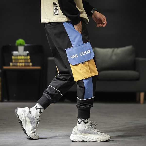 

spring men splice color cargo pants male streetwear hip hop loose casual harem trousers pantalon hombre jogger pants sweatpants, Black