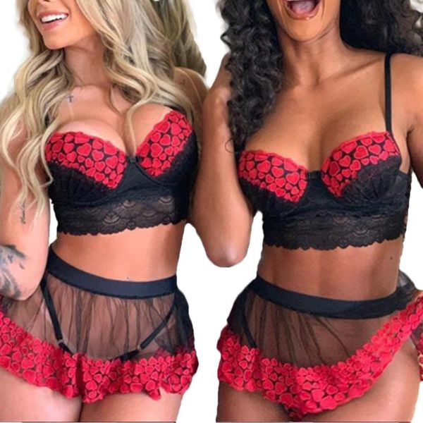 

2020 women lingerie babydoll strap bra lace mesh see through skirt with panty g-string panty 2 pcs underwear nightwear, Red;black