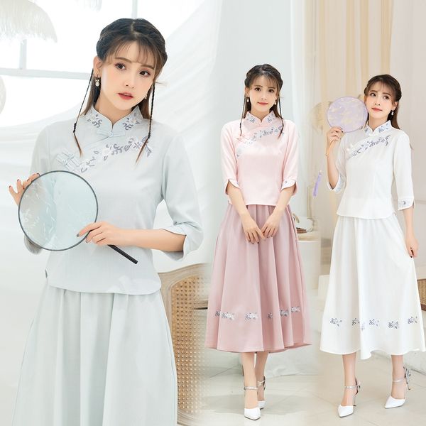

b5upg 2020 autumn new artistic hipster embroidered improved han clothing ethnic style cropped sleeve nationality embroidery national, White