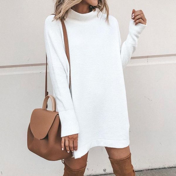 

2020 autumn winter knit sweater dress long sleeve loose casual mid-length thicken turtleneck sweater solid women cloth, White;black