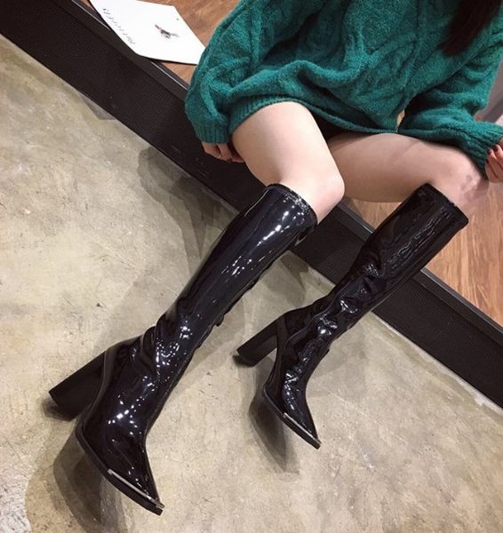

zipper lady boots thigh high heels high shoes leather booties luxury designer boots-women ladies over-the-knee rubber, Black
