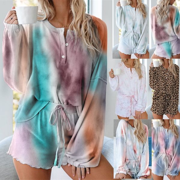 

lady tie-dye pajamas women home service two piece suit female shorts long sleeved casual set two piece outfits tracksuit ljjp194, White