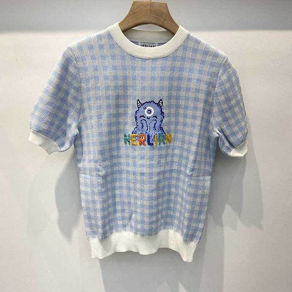 

niche embroidery embroidery designer 2020 summer new square plaid smallgraffiti letter embroidered knitted top, White