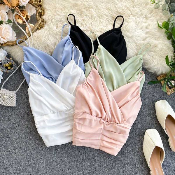 

women vest strap backless ruched solid slim elastic waist elegant short tank soft chiffon femme veste camis bra, Black;white