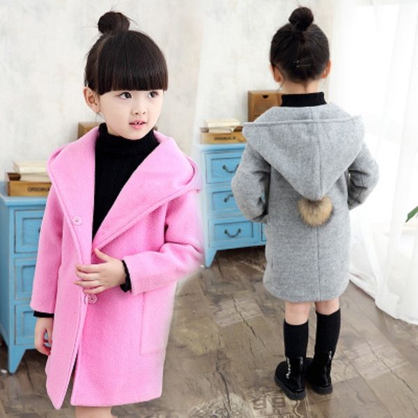 

bys6f children's clothing girls2019 wool ball woolwindbreaker wool autumn coat children's mid-length girlshooded woolen ball windb, Blue;gray