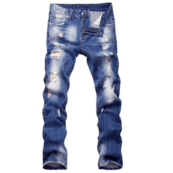 

new men's fashion designer destroyed ripped jeans mens hip hop biker wash blue denim pants straight slim casual motorcycle jeans