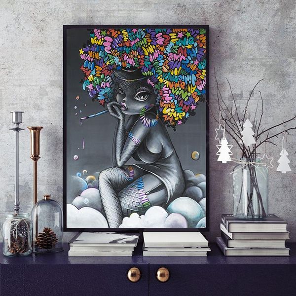 

Graffiti Art Gray Sexy Woman Smoking Poster Print Canvas Painting Wall Art Pictures for Living Room Home Decor (No Frame)