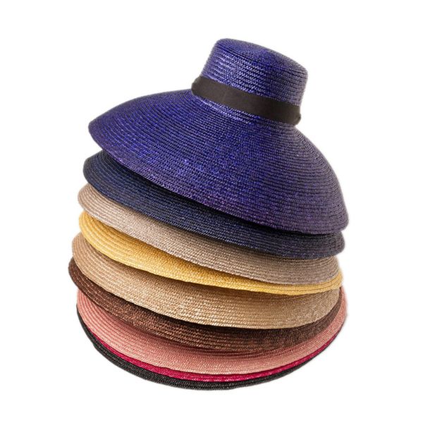 

202007-hh7440 natural color straw big wind brim black ribbon holiday sun cap women leisure hat beach, Blue;gray