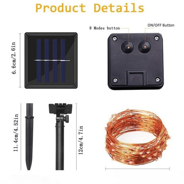 

led string lights solar powered copper wire fairy lights 200 leds waterproof 8 modes decorative lighting for garden patio christmas