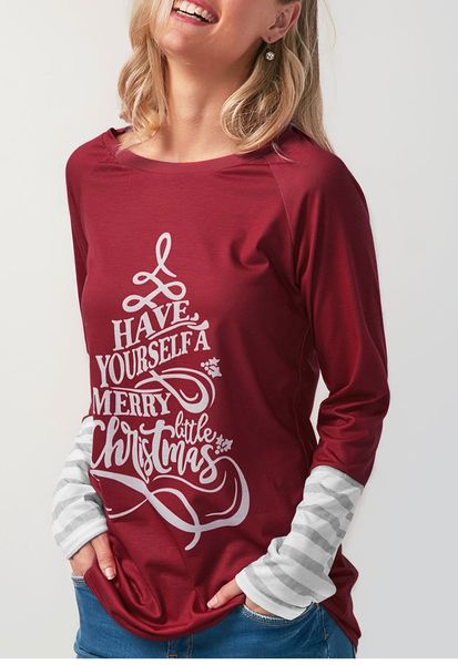 

2019 new christmas t shirts women red printed letter cotton patchwork t-shirt for women shirts plus size