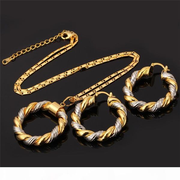 

2015 two-tone gold necklace set platinum 18k real gold plated trendy pendant necklace hoop earrings women jewelry set, Silver